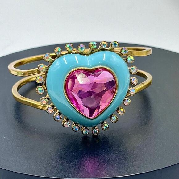 Betsey Johnson Signed Candy Land Pink Heart Rhinestone Blue Enamel Bangle - Picture 1 of 16